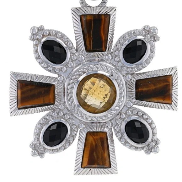 Judith Ripka Sterling Silver Citrine Tigers Eye and Onyx Pendant - Picture 1 of 7